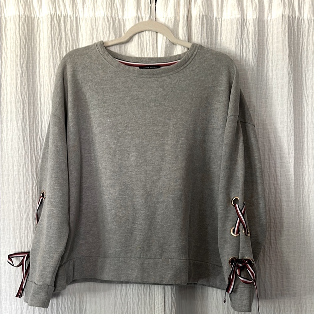 Tommy Hilfiger Gray Crew Neck Sweater with Sleeve Details